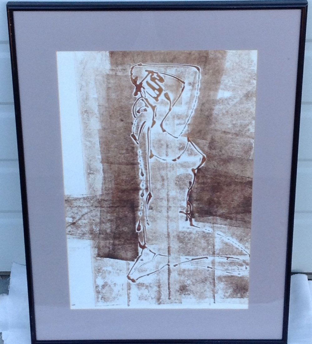 Robert Brown (1917-2009). Painting NUDE: Artist: Robert Brown. (1917-2009) Mix media painting on paper. Dimensions: Framed: 23 1/4" x 17 1/8" Few scratches on frame , chips glass. Full artist bio on sheet attached to verso.