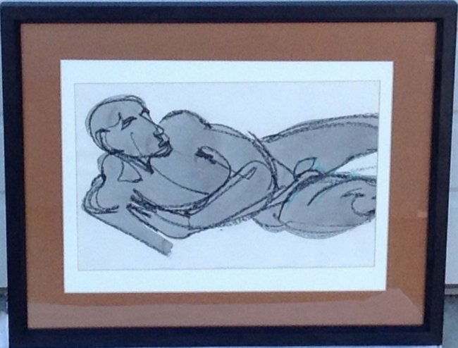 Robert Brown (1917-2009). Painting , framed in glass.: Artist: Robert Brown. (1917-2009) Mix media painting on paper. Dimensions: Framed: 17 1/2" x 21 1/2" Image shown: 9 1/2" x 14 1/2" Few scratches on frame. Full artist bio on sheet attached to verso. B