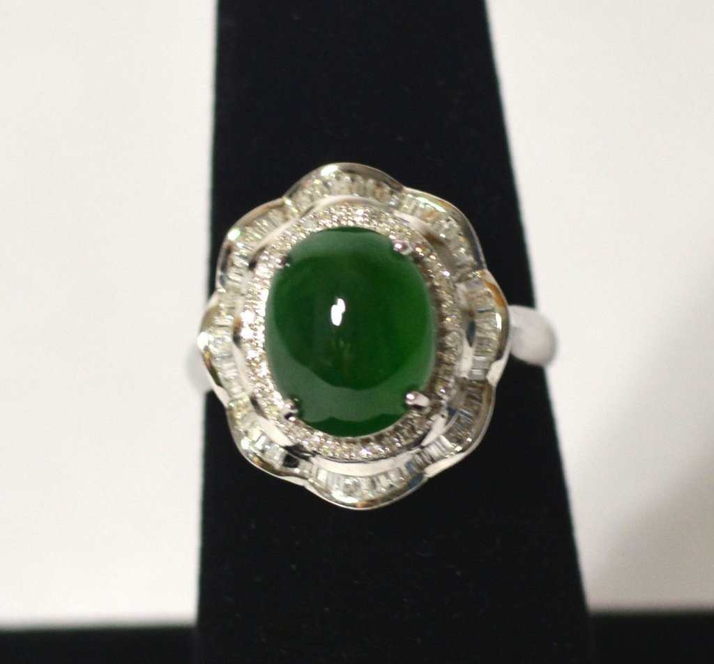 GIA 18K White Gold Natural Jade Ring W Diamonds (1 of 6)