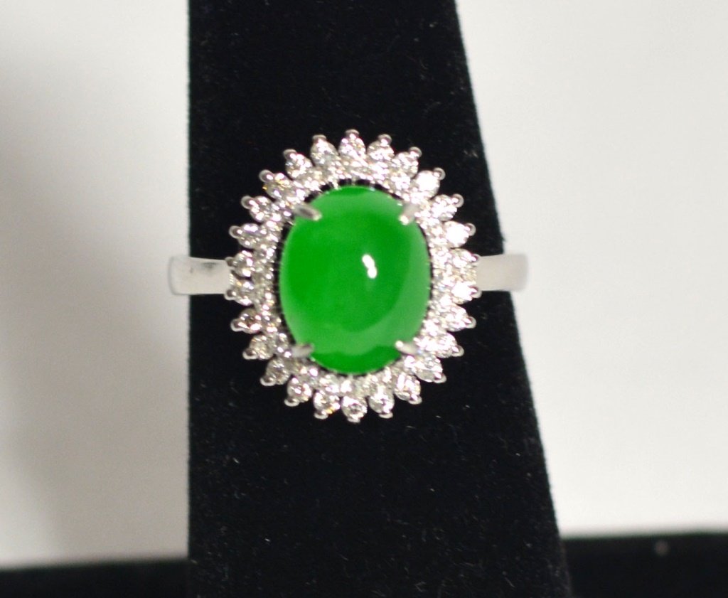 18k White Gold Natural Jadeite Jade Ring W Diamonds (1 of 5)