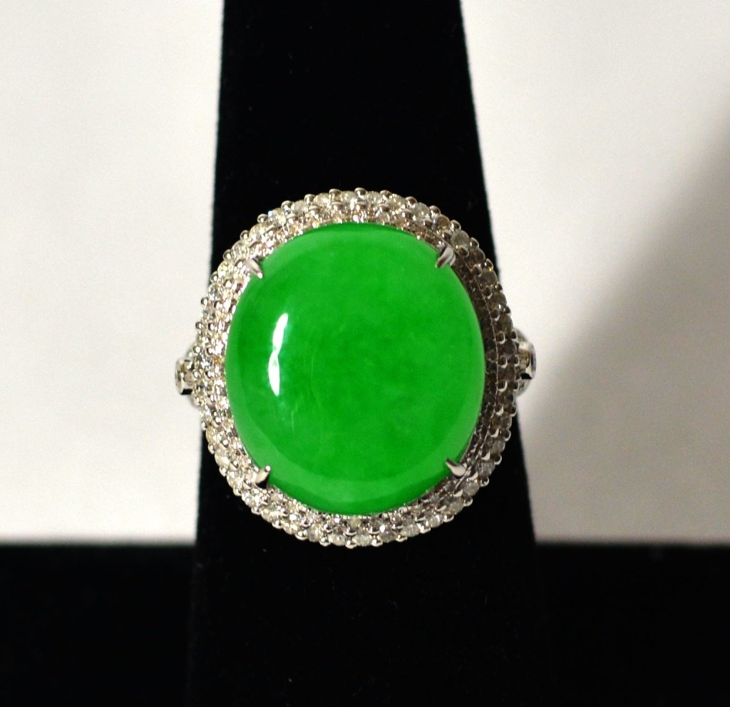 GIA 18k White Gold Natural Jadeite Jade Ring W Diamonds (1 of 6)