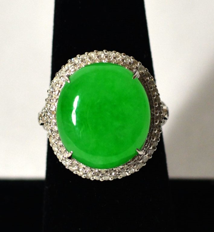 GIA 18k White Gold Natural Jadeite Jade Ring W Diamonds (1 of 6)