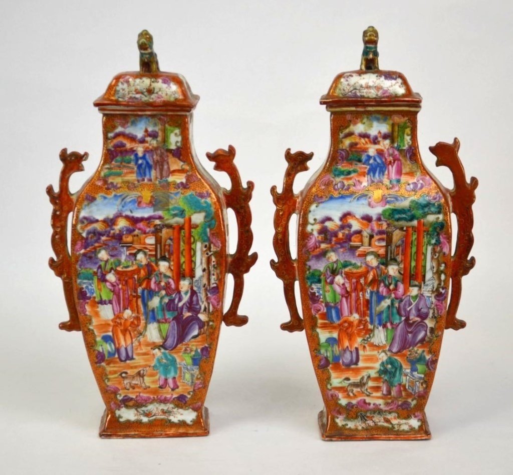 Pair Chinese Porcelain Four-Sided Lidded Vases (1 of 10)