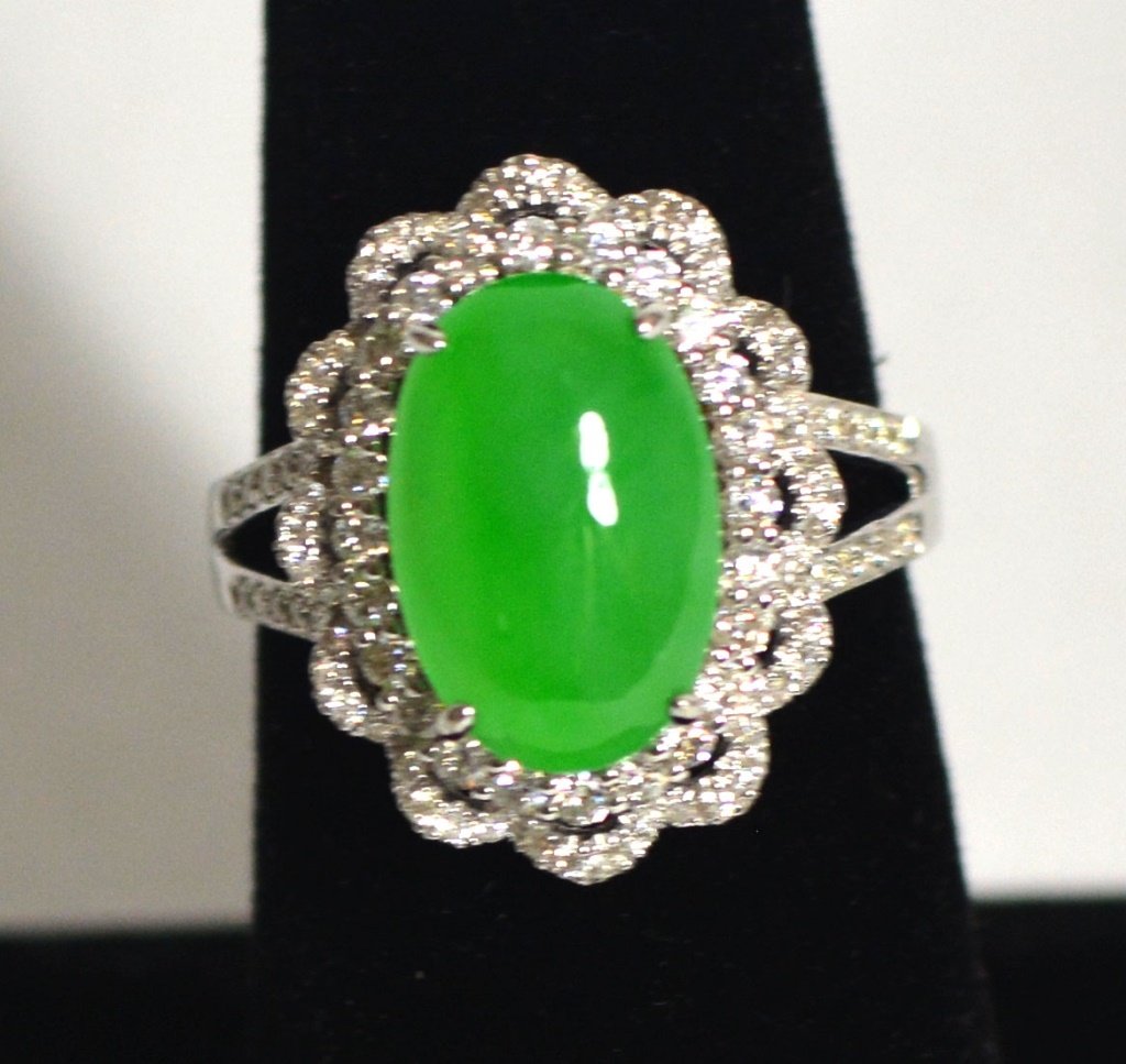 GIA 18k White Gold Natural Jadeite Jade Ring W Diamonds (1 of 6)