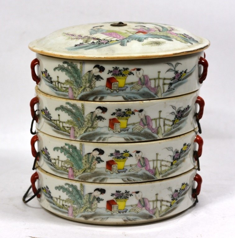Four Piece Of Stackable Porcelain Box W Lid: Four piece of stackable porcelain box with lid ,painted with woman and boy seat in the courtyard , the opposite side with Chinese characters. Size:6 1/2' x 7' inch.