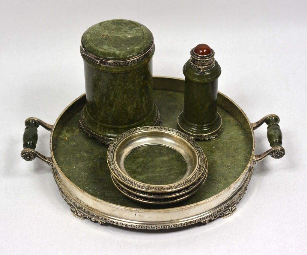 Six Piece Carved Spinach Jade Ashtray Set (1 of 10)