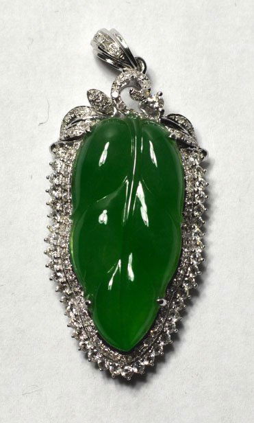 GIA Natural Carved Green Jadeite Pendant W Diamond (1 of 7)