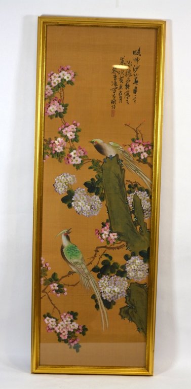 Chinese Framed Hand Painting On Silk: Chinese framed hand painting on silk,depict of birds and plum blossom flower.with chinese seal mark. size: