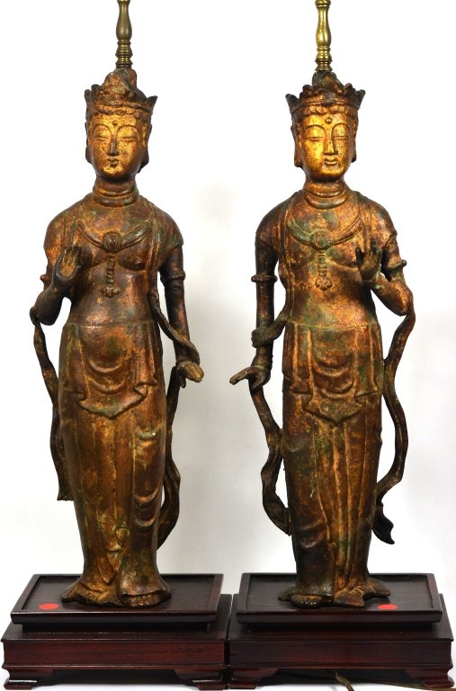 Pair Of Large  Chinese Gilt Bronze Buddha LampBase (1 of 8)
