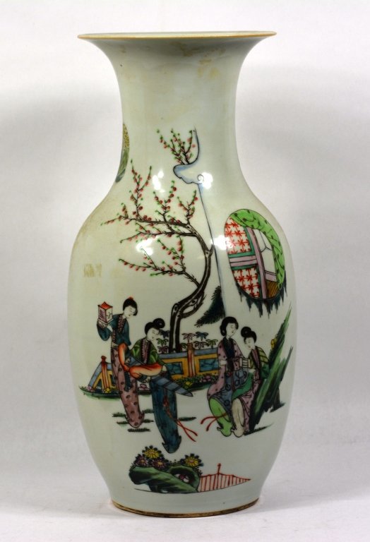 Large Of Chinese Famille Rose Porcelain Vase: Large of chinese porcelain vase decorated in Famille Rose with women reading beneath a flowering tree, the opposite side with Chinese characters.size16 3/4' x 8 1/2' inch