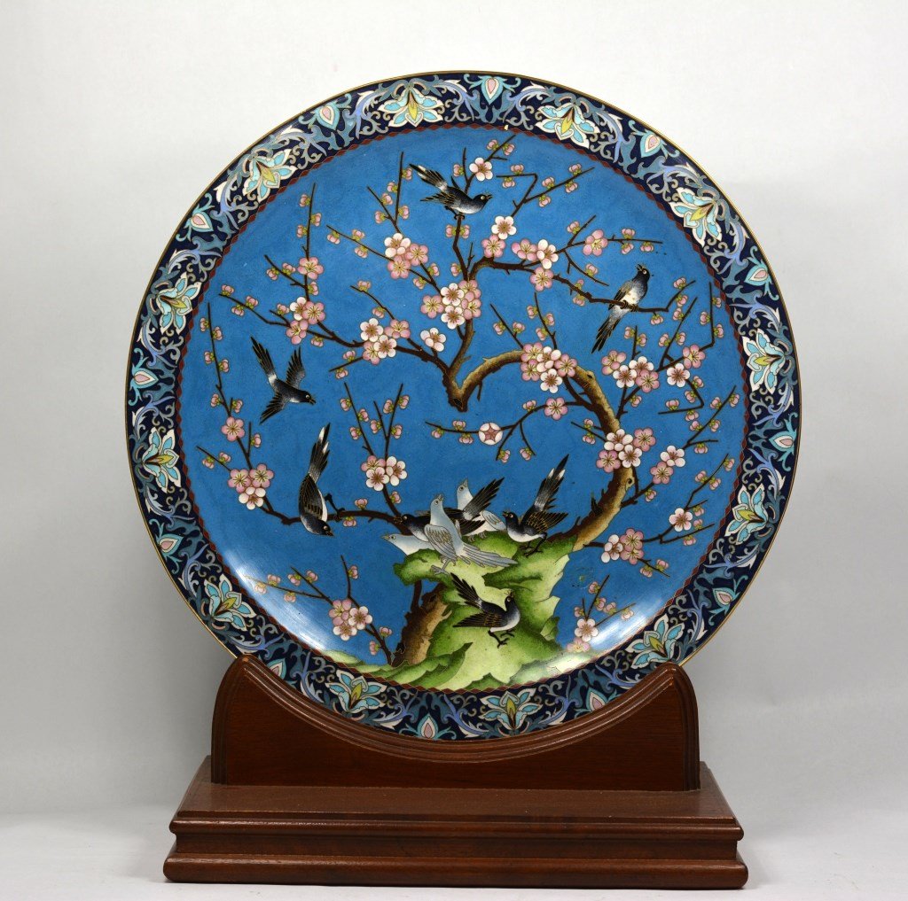 Large Chinese Enamel Cloisnnoe Charger W Wood Stad: Large Chinese Enamel Cloisnnoe Charger,decorated with ten magpie fly on plum blossom tree in bloom. size: W 15"