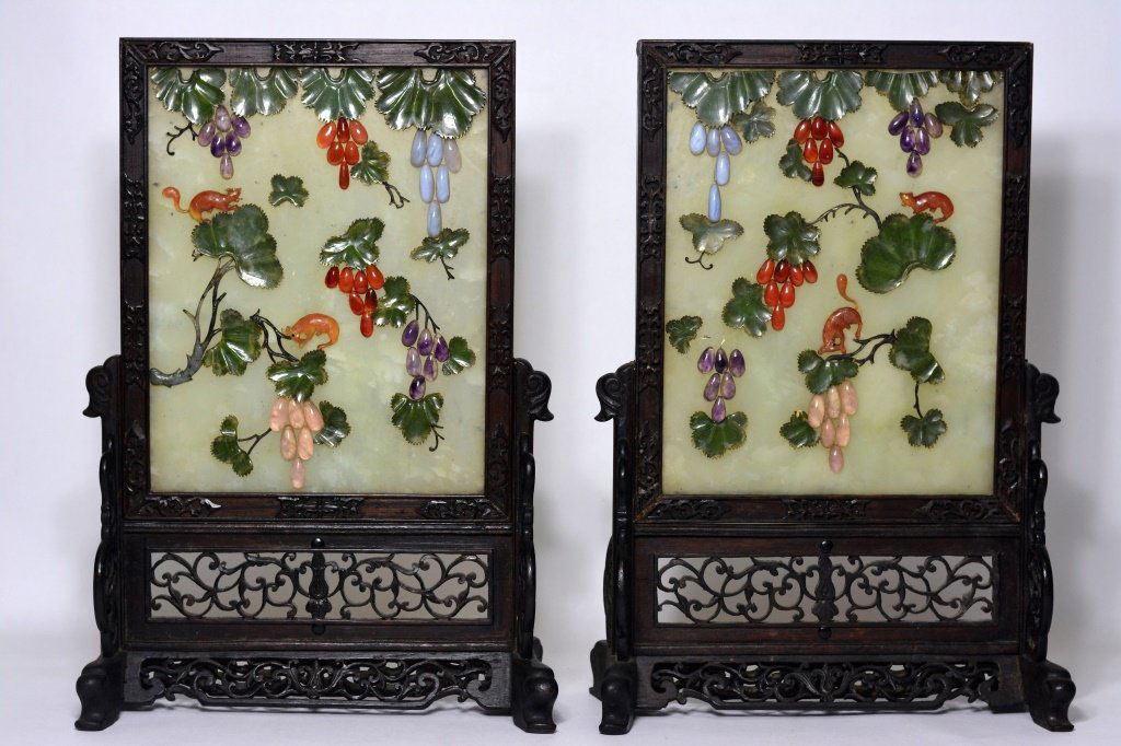 Pair Of Jade Plaque Table Screen W Wood Stand (1 of 7)