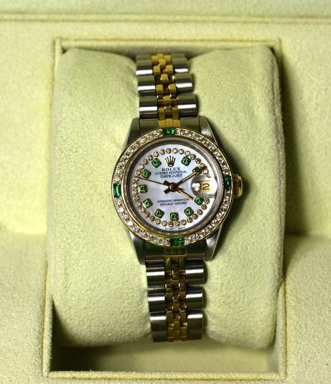 18K Y/G W Diamonds & Emeralds Rolex ladies Watch (1 of 8)