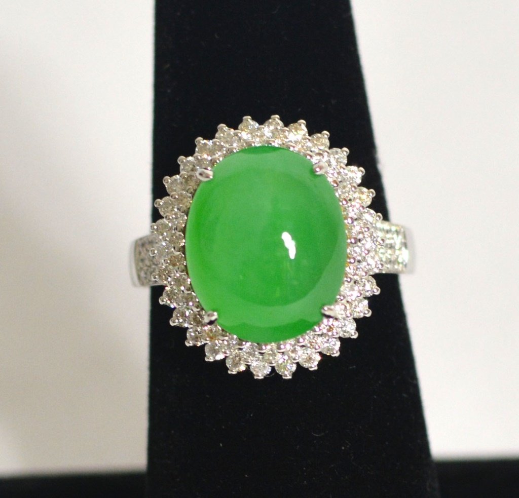 GIA 18k White Gold Natural Jadeite Ring W Diamonds (1 of 6)