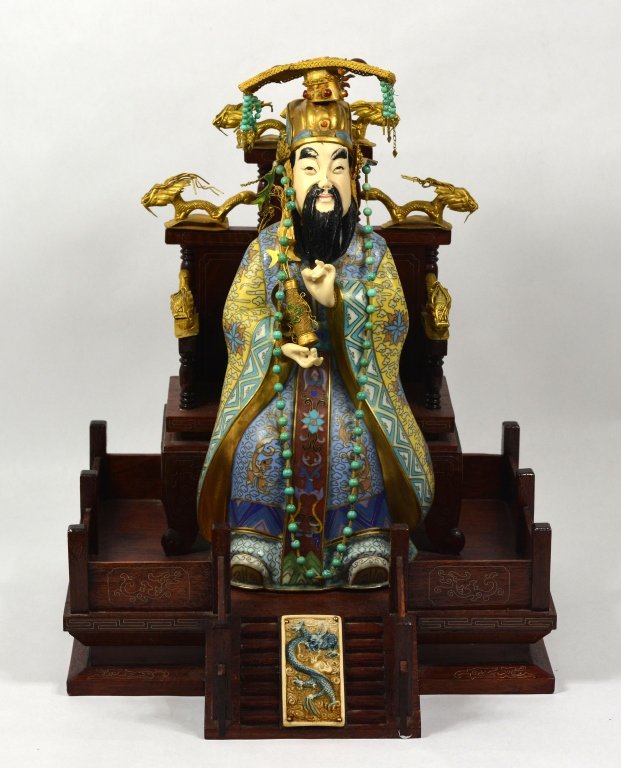 Chinese Enamel Cloisnnoe Figure Set On Wood Base: Chinese Enamel Cloisnnoe King Figure Set On Wood Base. with silver wired inlaid on wood carved bone head & hand insert ,turquoise necklace sorround .six bronze dragons set on the wood base ,and also o