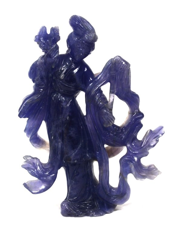 Chinese Blue Crystal Carved Woman Figure: Chinese blue crystal woman carving figure.Size:5 1/2'x 4 1/3' inch.