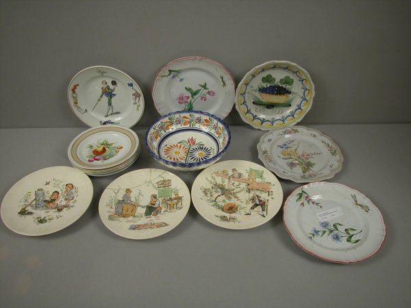 French Faience lot of 12 plates and Quimper floral: French Faience lot of 12 plates and Quimper floral bowl , various condition
