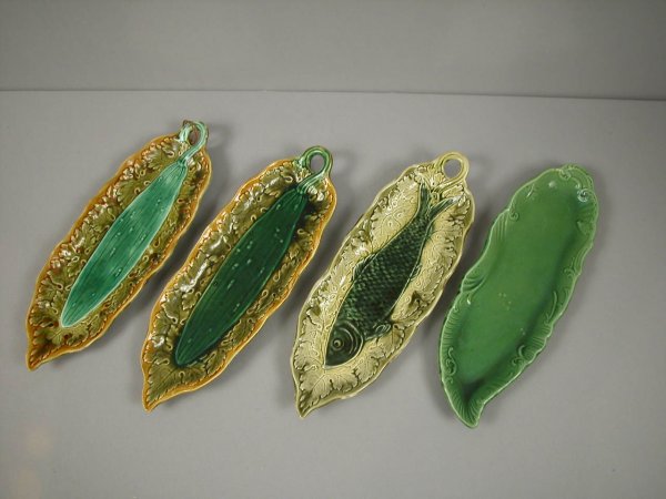Lot of 4 pickle dishes, one with fish, 2 with pickl: Lot of 4 pickle dishes, one with fish, 2 with pickles and one plain, 14 1/2", nice lot
