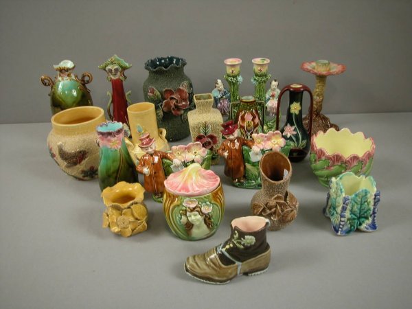 Lot of 20 majolica items - vases, candle holders, p: Lot of 20 majolica items - vases, candle holders, planters, humidor and more, various condition