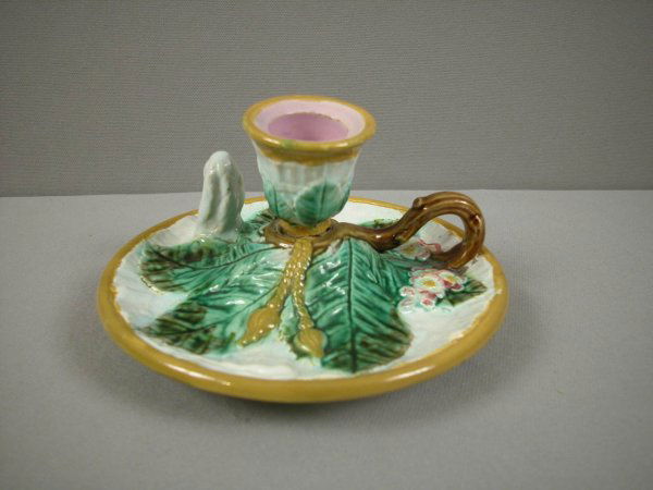 GEORGE JONES napkin and leaf chamber candle holder: GEORGE JONES napkin and leaf chamber candle holder, damage to candle holder