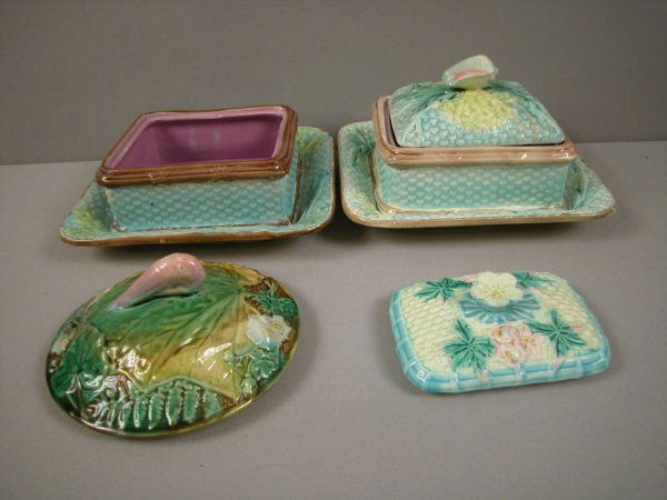 Majolica group - sardine box with lid that matches: Majolica group - sardine box with lid that matches but doesn't fit, sardine base, and 2 lids, various condition