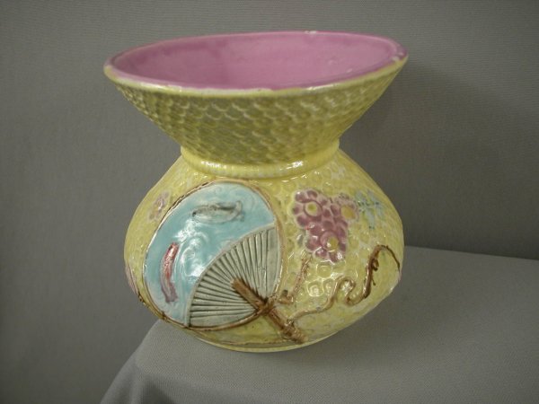 Fish, fan and floral spittoon with yellow ground, : Fish, fan and floral spittoon with yellow ground, 6 1/2", minor hairline