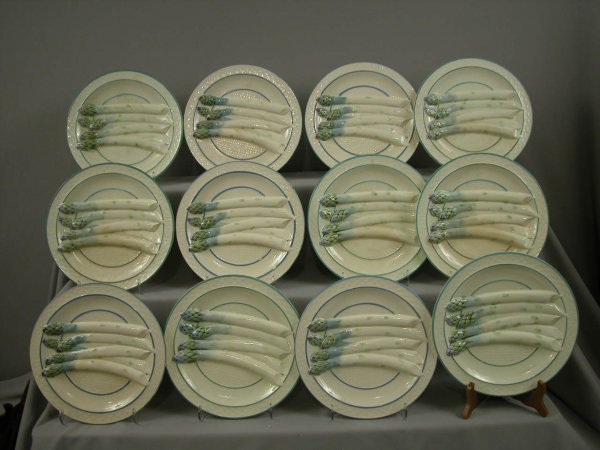 SARREGUEMINES set of 12 asparagus plates with turq: SARREGUEMINES set of 12 asparagus plates with turquoise trim, 9 3/4", shape no. 227, minor glaze rim wear to two, hairline to one