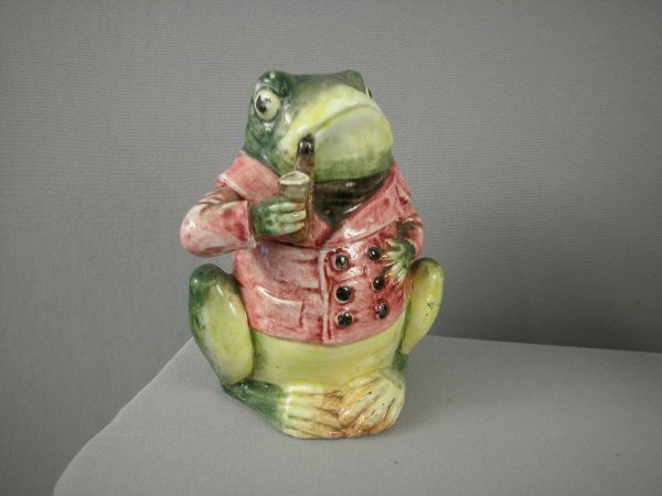 Majolica frog with red smoking jacket figural humi: Majolica frog with red smoking jacket figural humidor, 6"h, hairline and chip to base,