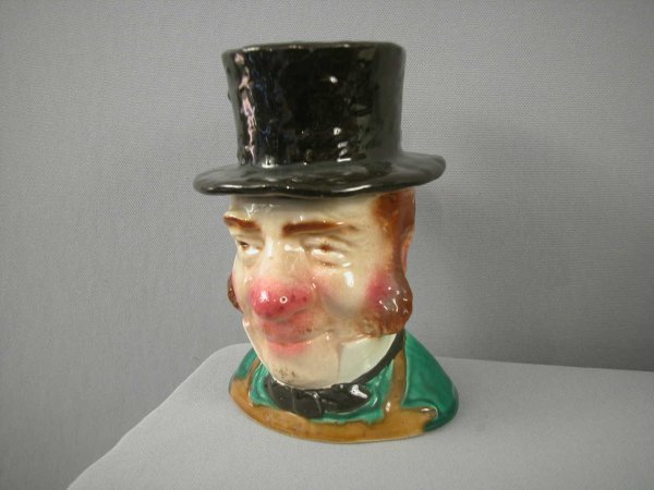 SARREGUEMINES "English Gentleman with Top Hat" fig: SARREGUEMINES "English Gentleman with Top Hat" figural humidor, #3338, 7", chip to hat rim and hairline to base