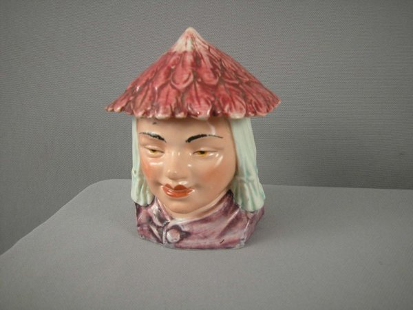 Majolica humidor of Asian lady with red hat, chip : Majolica humidor of Asian lady with red hat, chip to hat, hairline to base