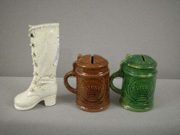 Lot of 3 ceramic still banks - 2 mugs and boot: Lot of 3 ceramic still banks - 2 mugs and boot
