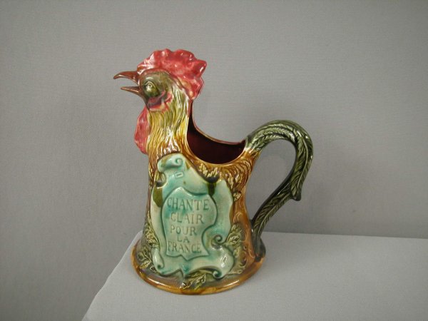 FRIE ONNAING Chante Clair figural rooster pitcher,: FRIE ONNAING Chante Clair figural rooster pitcher, ref: Cunningham p. 104, 9 1/2", professional repair to head feathers and beak