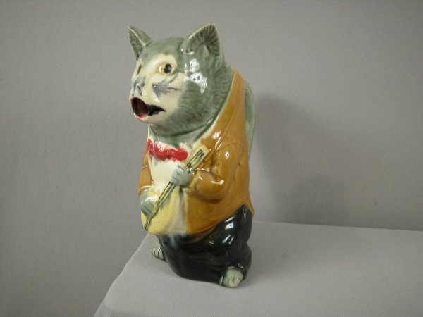 French cat with mandolin figural pitcher, 9", mino: French cat with mandolin figural pitcher, 9", minor nick to ears