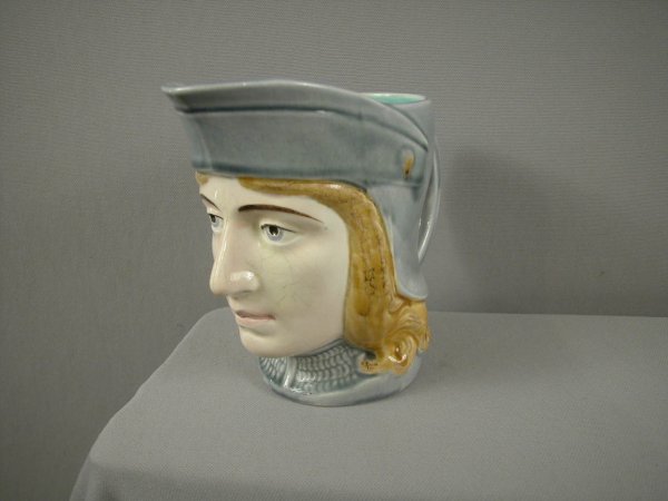 SARREGUEMINES figural face jug #4539, "Joan of Arc: SARREGUEMINES figural face jug #4539, "Joan of Arc", very rare form, 6 1/4"