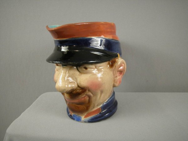 SARREGUEMINES figural face jug #4305, "French Sold: SARREGUEMINES figural face jug #4305, "French Soldier", ref: Cunningham p. 68, hairline, rare form