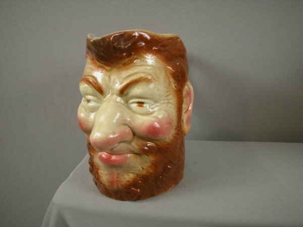 SARREGUEMINES figural face jug #3323, "Boozer", re: SARREGUEMINES figural face jug #3323, "Boozer", ref: Cunningham p. 65, spout repair