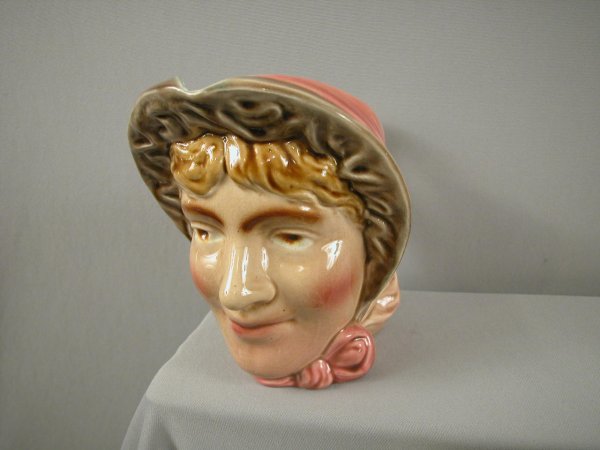 SARREGUEMINES figural face jug #3319, "Danish Woma: SARREGUEMINES figural face jug #3319, "Danish Woman", ref: Cunningham p. 69, 7 1/4", hairline at spout