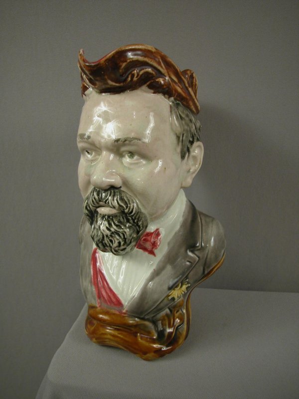 FRIE ONNAING "Raymond Poincare" figural pitcher, r: FRIE ONNAING "Raymond Poincare" figural pitcher, ref: Cunningham p. 108, 10 1/2"