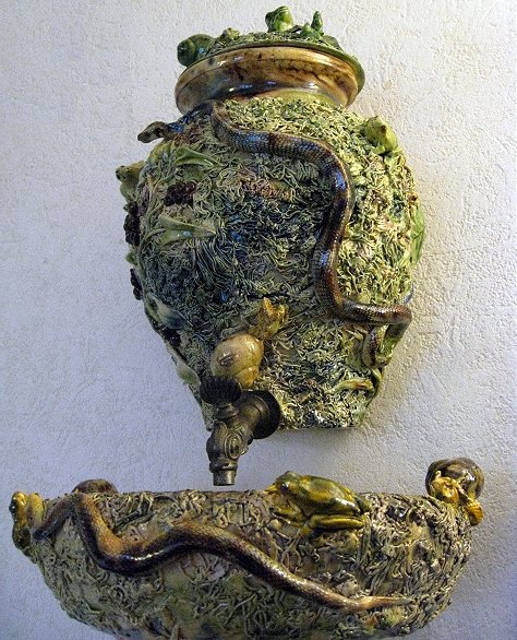FELIX TARDIEU circa 1890 French Palissy Ware fount: FELIX TARDIEU circa 1890 French Palissy Ware fountain and basin decorated with snails, snakes and frogs on mossy frit ground, cistern 13"h, very rare