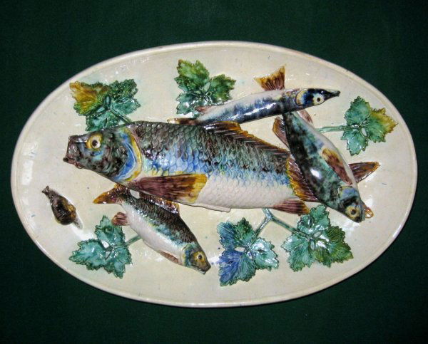 BARBIZET circa 1865 large French Palissy Ware plat: BARBIZET circa 1865 large French Palissy Ware platter applied with four fish including a pike and a snail resting among leaves, 16"l, very good quality