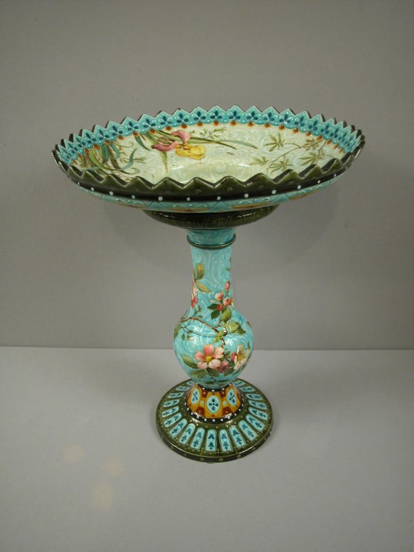 French majolica tazza signed Marcel Logeat with bu: French majolica tazza signed Marcel Logeat with buuterfly and floral motif, rare size and form, 19"h, 15"d