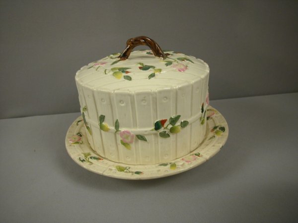 GEORGE JONES albino apple blossom and picket fence: GEORGE JONES albino apple blossom and picket fence cheese keeper, 8"h, hairline to base