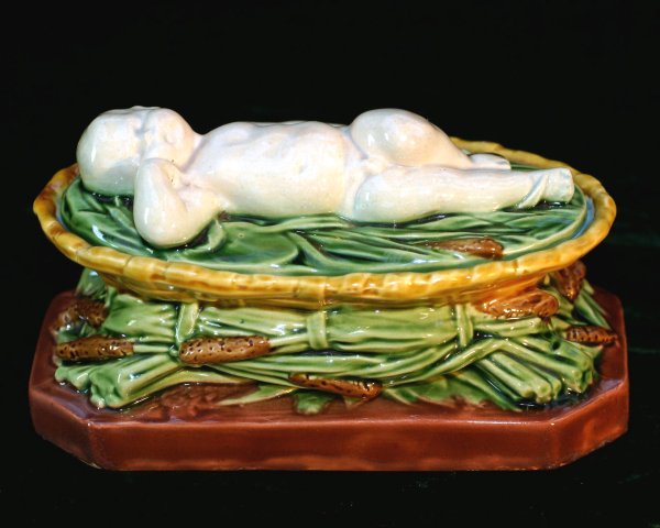 MINTON majolica very rare figural match box depict: MINTON majolica very rare figural match box depicting Moses floating in the reeds, 5 1/2", extremely rare and never seen example