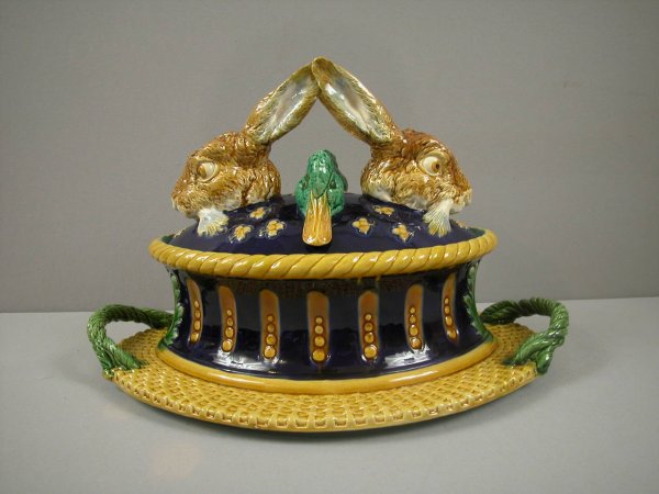 Rare MINTON Hare and Mallard game tureen with two : Rare MINTON Hare and Mallard game tureen with two hares and two mallards on the lid, ref: Karmason-Stacke p. 48, 18"w, outstanding color and detail, shape no. 1980, professional repair to base, one of