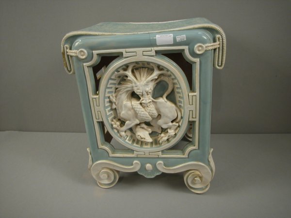 MINTON majolica garden seat with Oriental motif, : MINTON majolica garden seat with Oriental motif, hairline to seat, chips to high points 19"h
