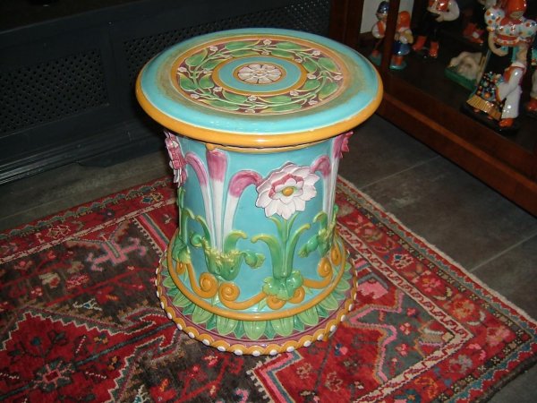 MINTON turquoise majolica Passion Flower garden s: MINTON turquoise majolica Passion Flower garden seat, great color and detail, 18", shape no. 982