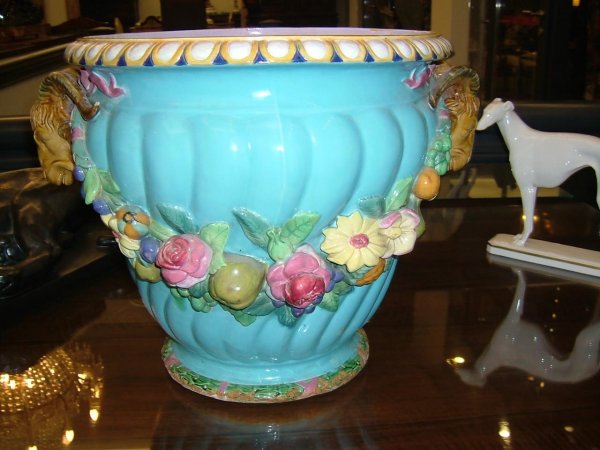MINTON majolica turquoise ram's head jardiniere w: MINTON majolica turquoise ram's head jardiniere with floral garlands, 19"w, 14 1/2"h, great color and detail