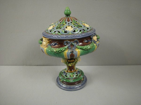 MINTON majolica Classical pot pouri covered compor: MINTON majolica Classical pot pouri covered comport with reticulated cover, 10 1/2", professional repair to base stem