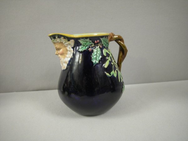 GEORGE JONES Father Christmas and Holly cobalt jug: GEORGE JONES Father Christmas and Holly cobalt jug with twisted vine handle, great color and detail, 5 1/2"