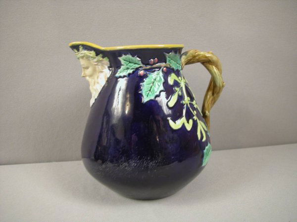 GEORGE JONES Father Christmas and Holly cobalt jug: GEORGE JONES Father Christmas and Holly cobalt jug with twisted vine handle, great color and detail, 7", wear scratches to side